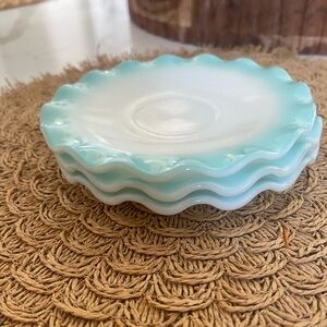 Set of 3 vintage Hazel Atlas turquoise ruffle crinoline saucer plates